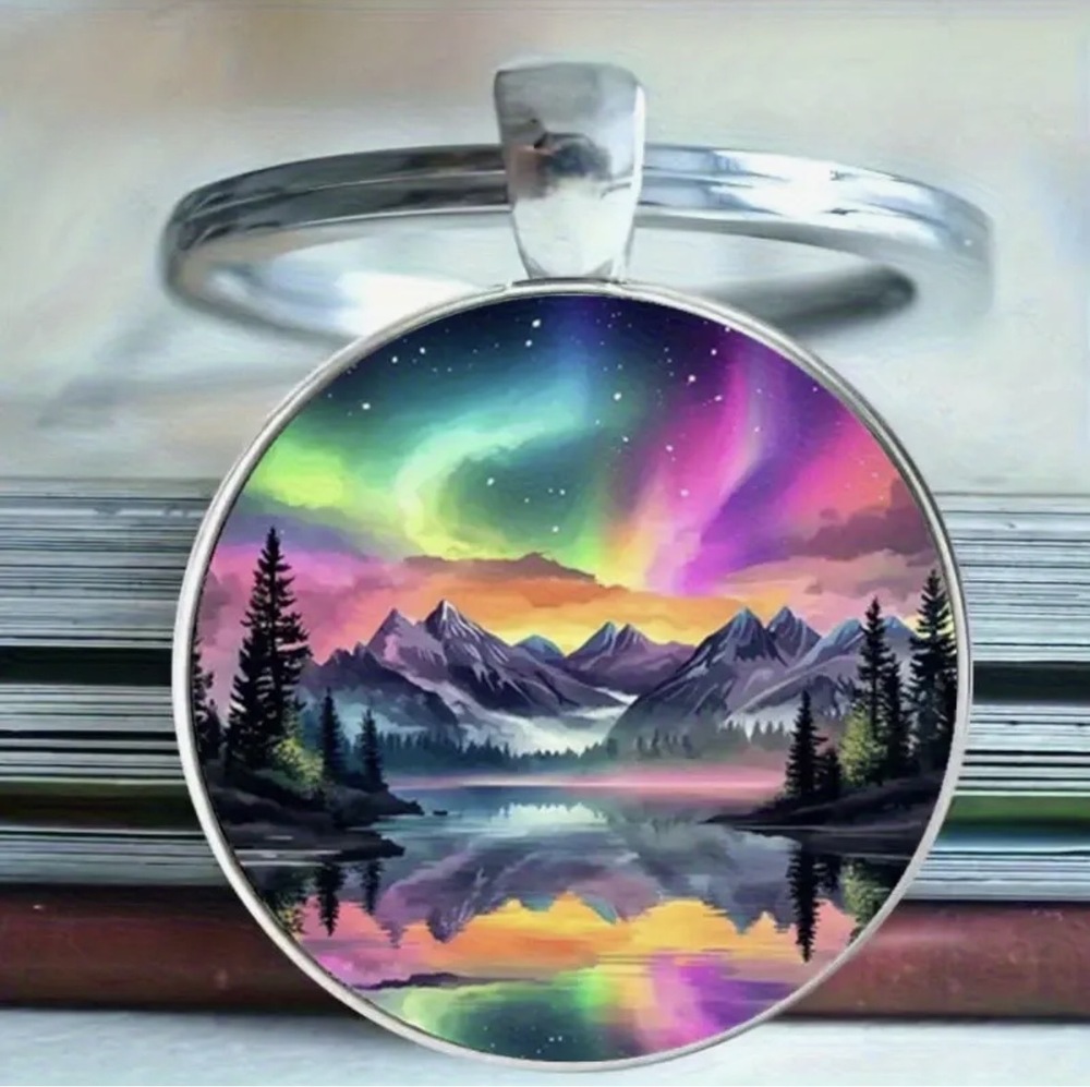 3/$25 Northern Lights Landscape Mountains Lake Keychain NEW